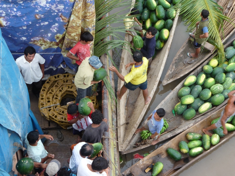 Embarquement de pastèques pour vendre à Iquitos